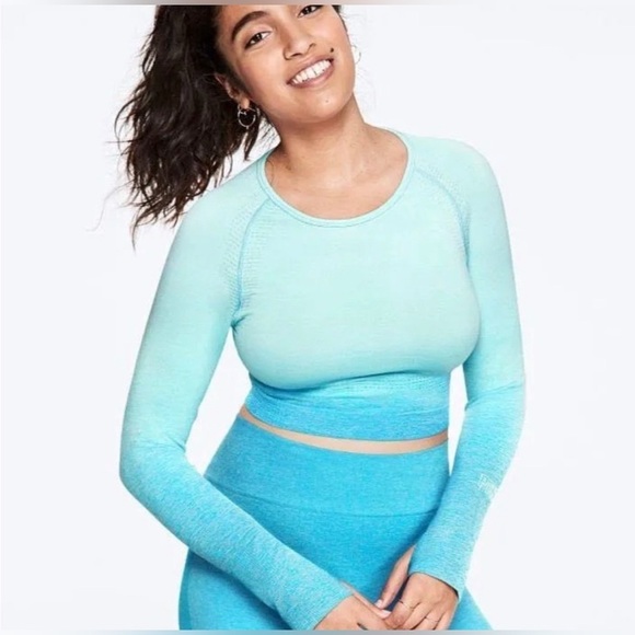 Victoria’s Secret PINK Seamless Cropped Workout Top M Blue Ombré Long Sleeve - Picture 1 of 5